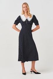 Irene Contrast Collar Spot Crepe Midi Dress