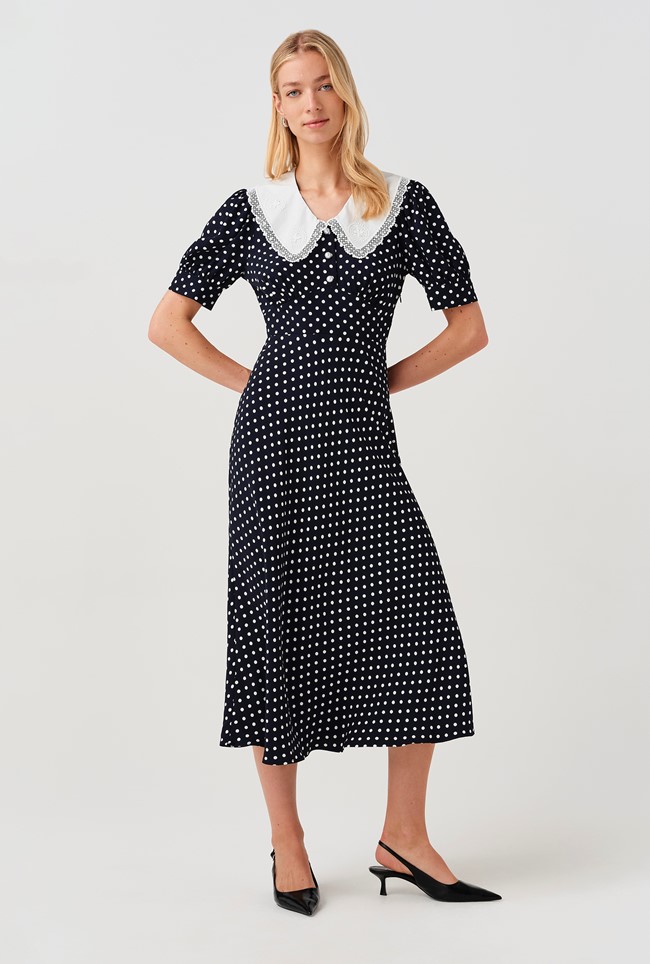 Irene Contrast Collar Spot Crepe Midi Dress