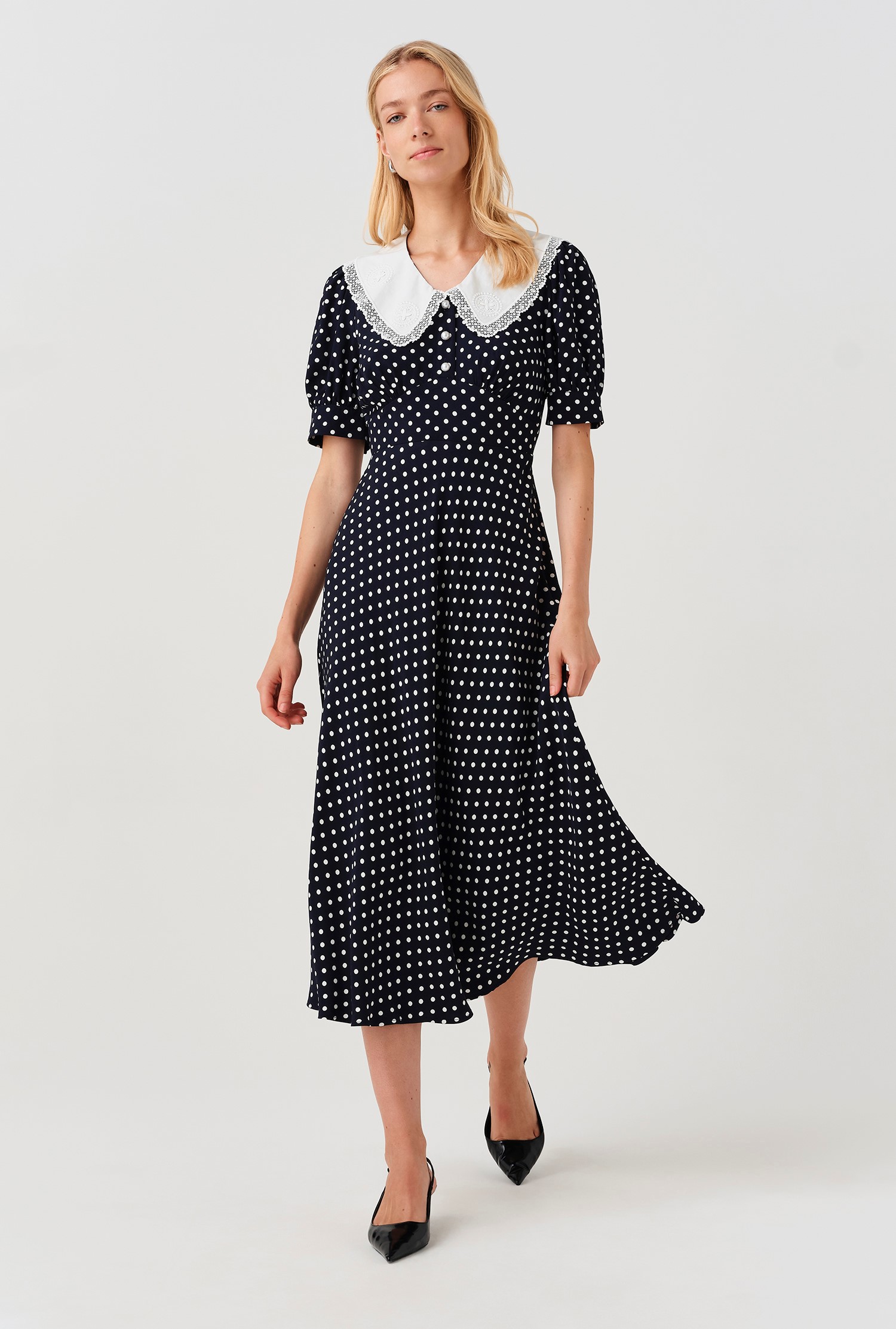 ladies dresses with a collar Ghost Irene Contrast Spot Crepe Midi Dress MAISONETTE_MAY