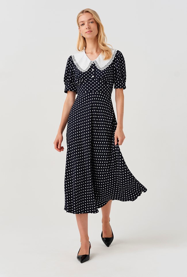Irene Contrast Collar Spot Crepe Midi Dress