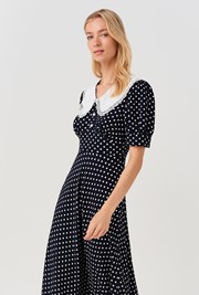 Irene Contrast Collar Spot Crepe Midi Dress