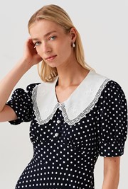 Irene Contrast Collar Spot Crepe Midi Dress