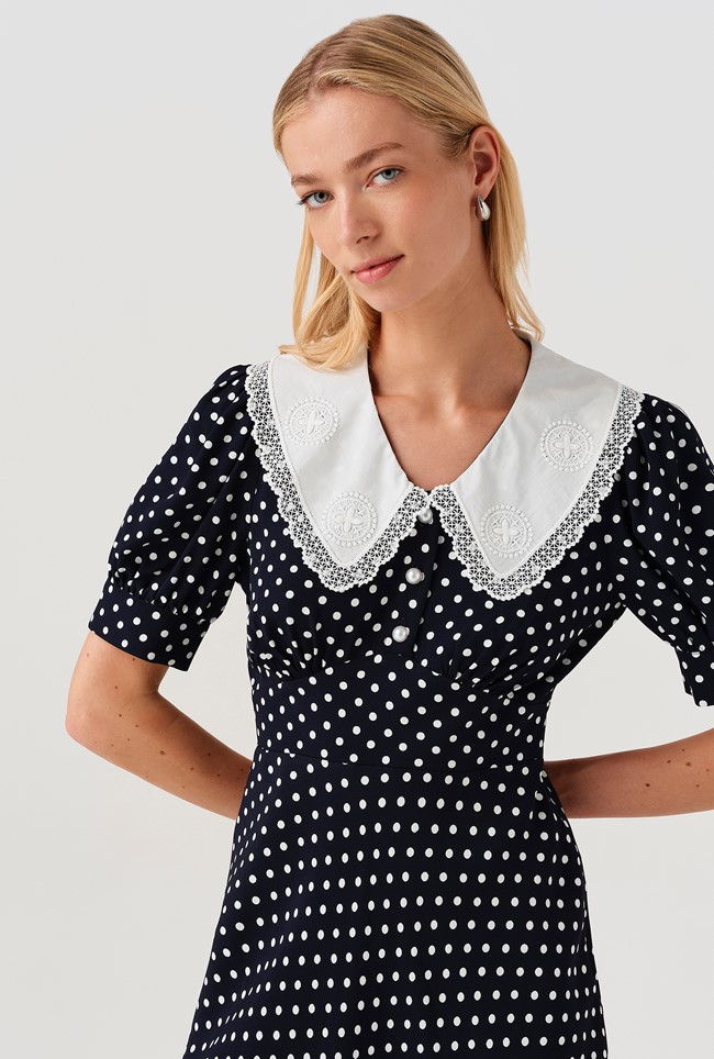 Irene Contrast Collar Spot Crepe Midi Dress