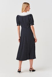 Irene Contrast Collar Spot Crepe Midi Dress