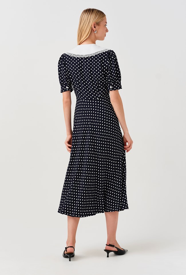 Irene Contrast Collar Spot Crepe Midi Dress
