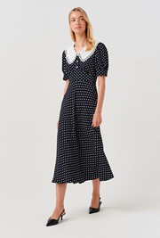 Irene Contrast Collar Spot Crepe Midi Dress