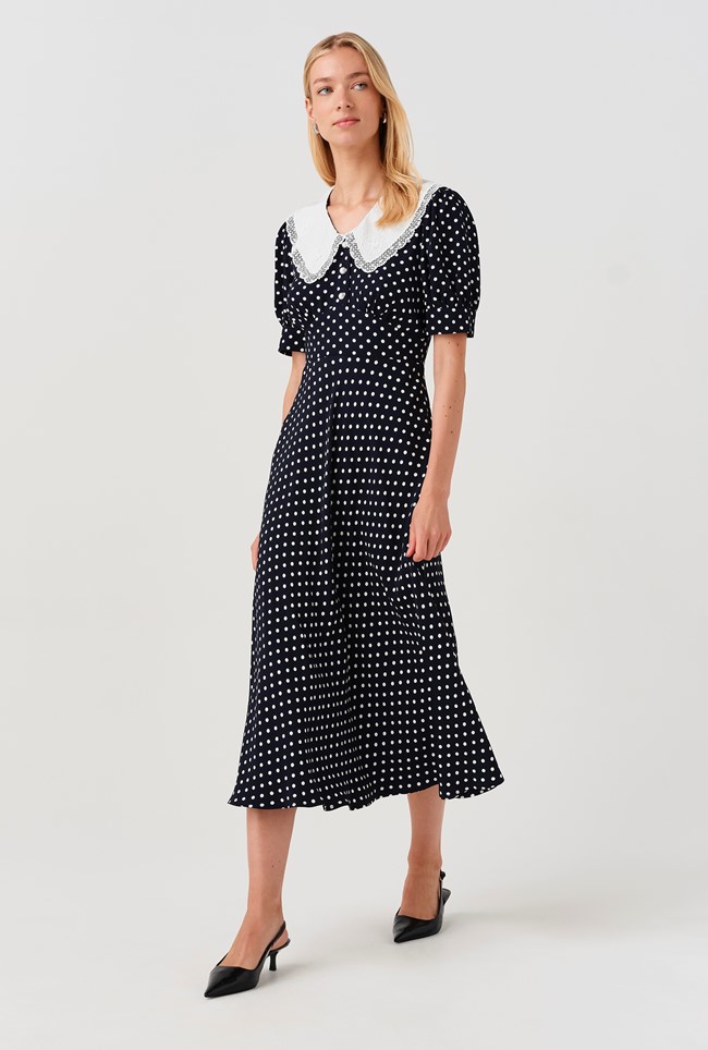 Irene Contrast Collar Spot Crepe Midi Dress