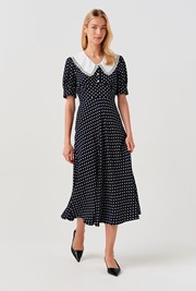 Irene Contrast Collar Spot Crepe Midi Dress