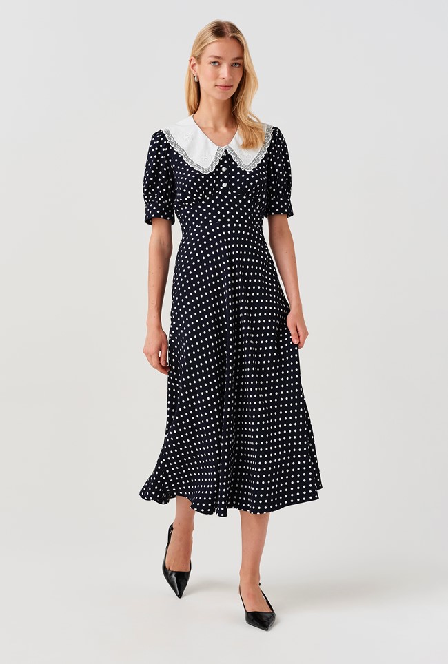 Irene Contrast Collar Spot Crepe Midi Dress