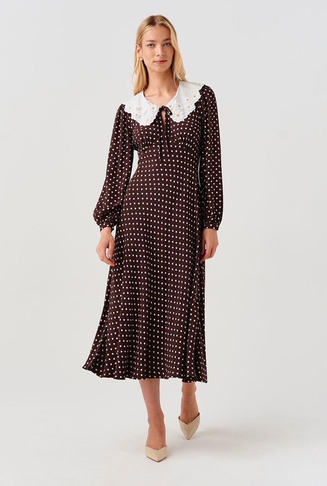 Claire Contrast Collar Spot Crepe Midi Dress
