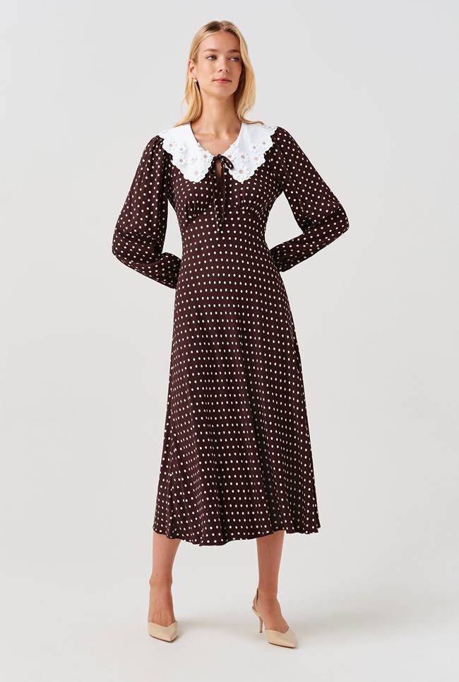 Claire Contrast Collar Spot Crepe Midi Dress