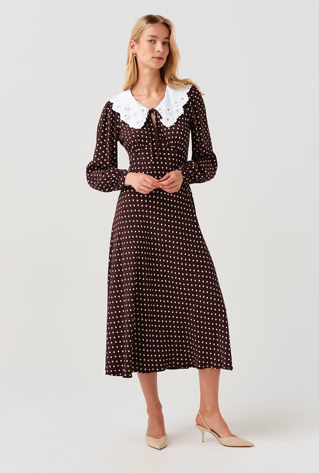 Claire Contrast Collar Spot Crepe Midi Dress