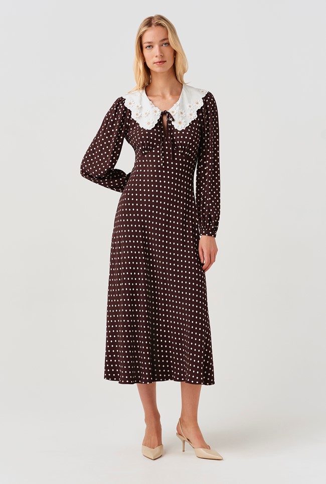Claire Contrast Collar Spot Crepe Midi Dress