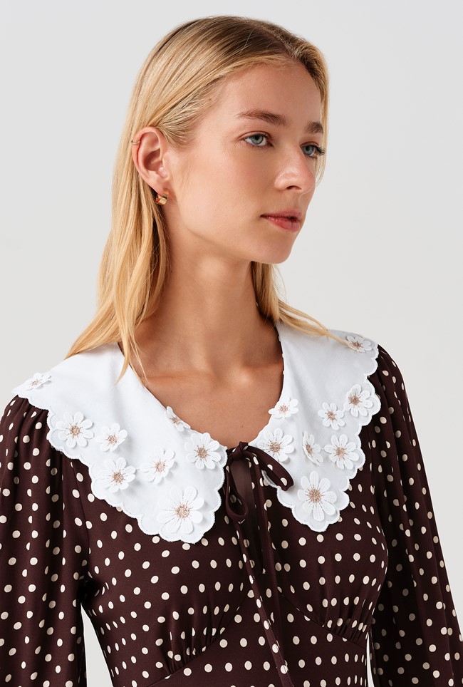 Claire Contrast Collar Spot Crepe Midi Dress