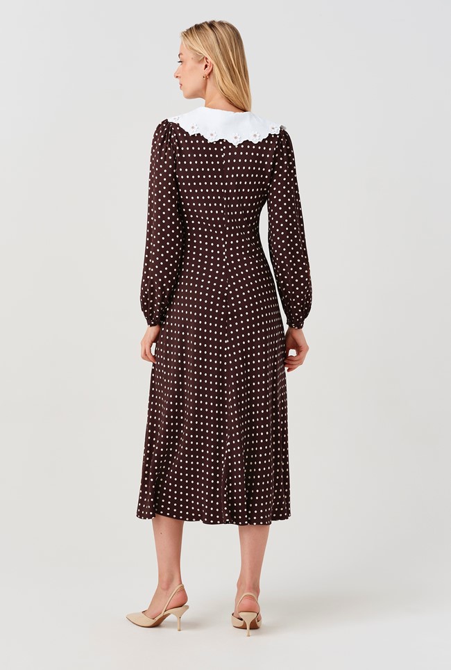 Claire Contrast Collar Spot Crepe Midi Dress