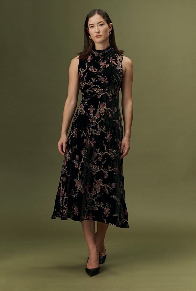 Lydia Floral Devoré Velvet Cowl Neck Dress