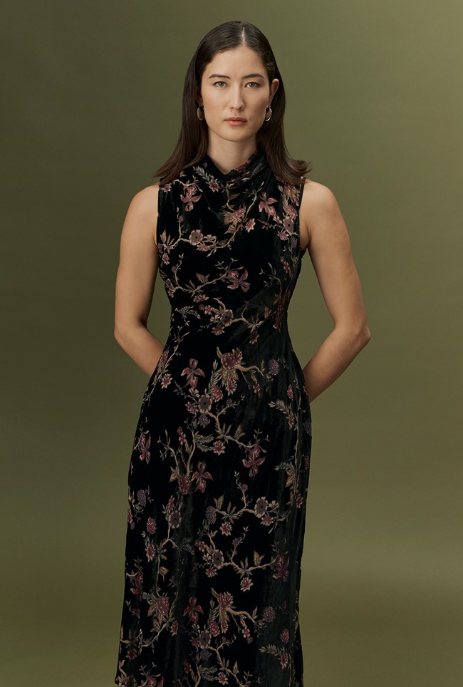 Lydia Floral Devoré Velvet Cowl Neck Dress