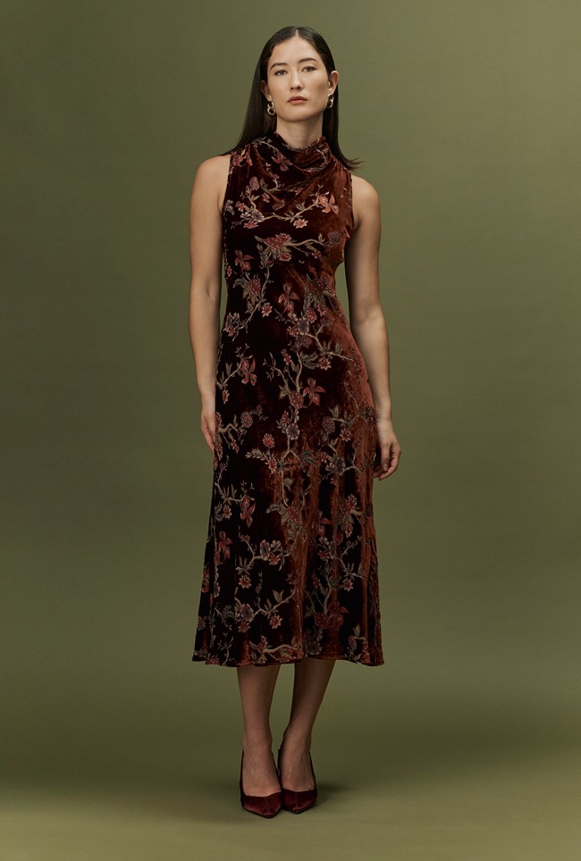 Lydia Floral Devoré Velvet Cowl Neck Dress