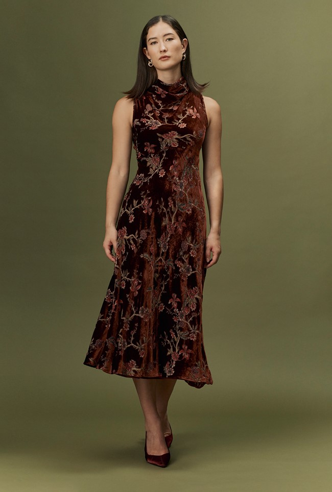 Lydia Floral Devoré Velvet Cowl Neck Dress