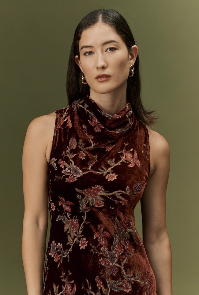 Lydia Floral Devoré Velvet Cowl Neck Dress