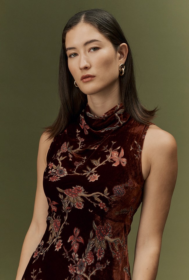 Lydia Floral Devoré Velvet Cowl Neck Dress