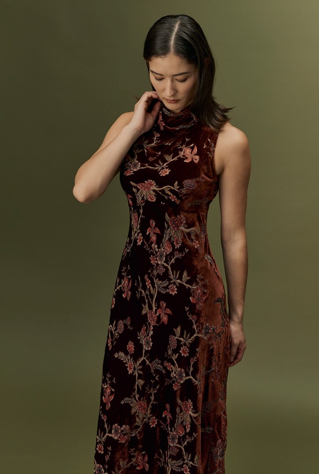 Lydia Floral Devoré Velvet Cowl Neck Dress