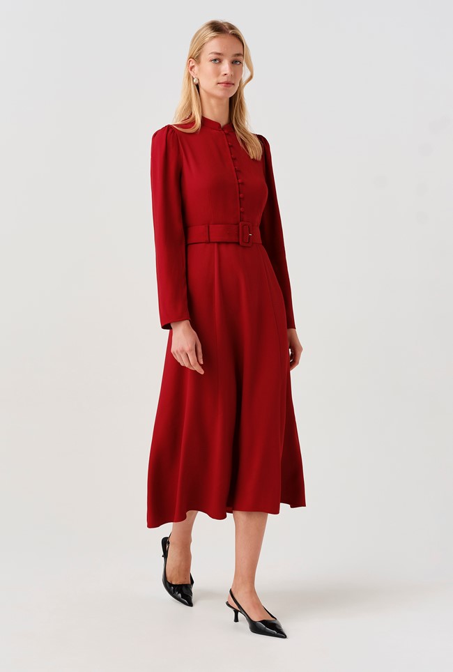 Ria Button Down Belted Midi Dress