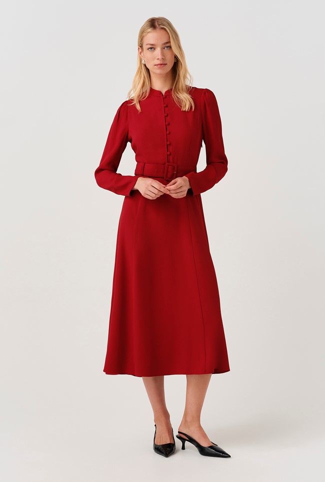 Ria Button Down Belted Midi Dress