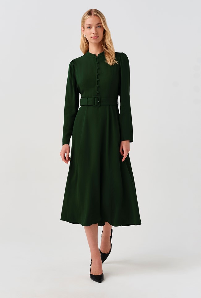 Ria Button Down Belted Midi Dress