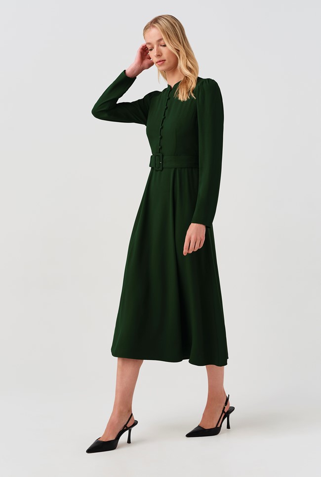 Ria Button Down Belted Midi Dress