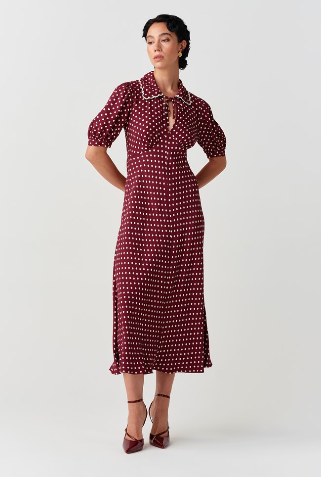 Elizabeth Polka Dot Crepe Midi Tea Dress