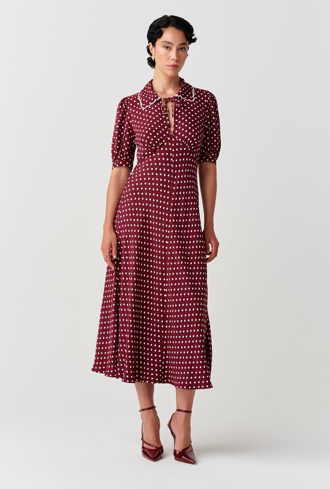 Elizabeth Polka Dot Crepe Midi Tea Dress