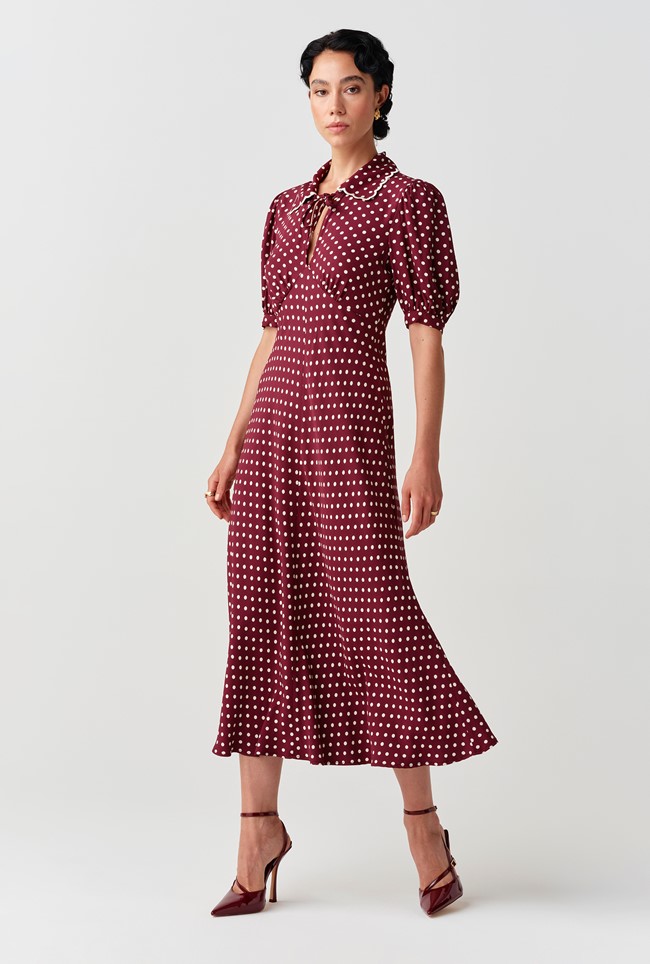 Elizabeth Polka Dot Crepe Midi Tea Dress