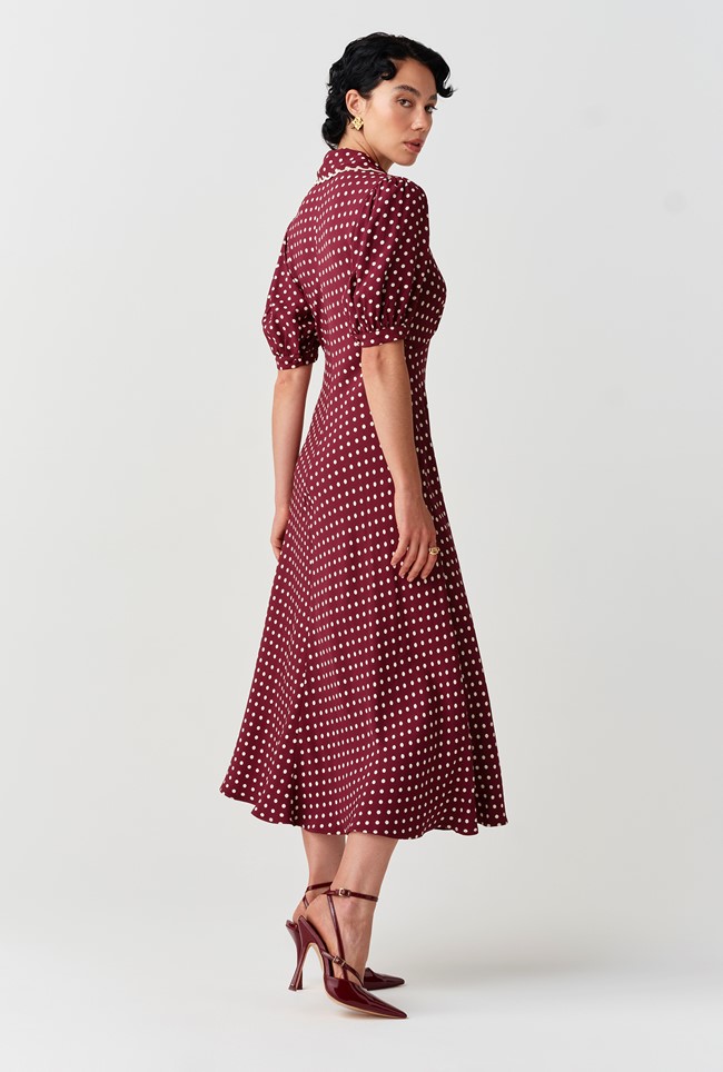 Elizabeth Polka Dot Crepe Midi Tea Dress