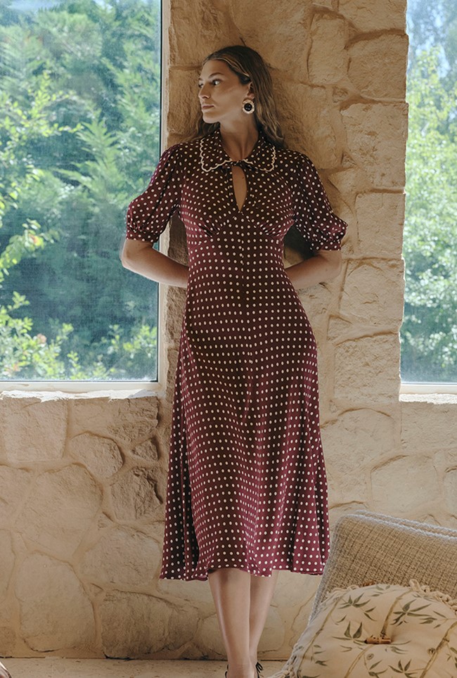 Elizabeth Polka Dot Crepe Midi Tea Dress