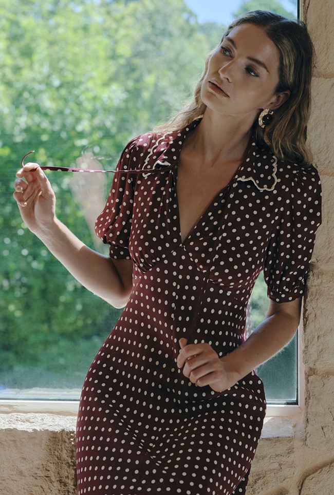 Elizabeth Polka Dot Crepe Midi Tea Dress