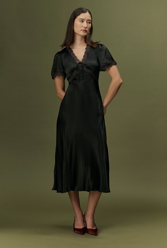 Olive Satin Midi Dress