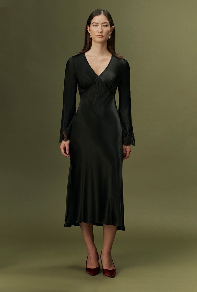 Flori V-Neck Lace Trim Satin Midi Dress