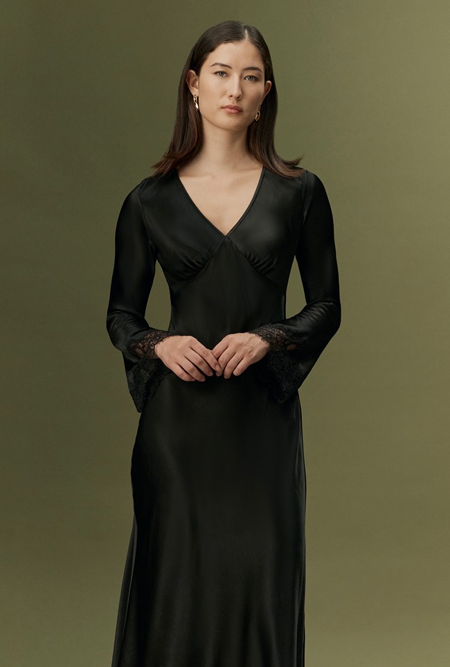 Flori V-Neck Lace Trim Satin Midi Dress