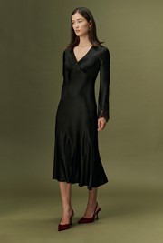 Flori V-Neck Lace Trim Satin Midi Dress