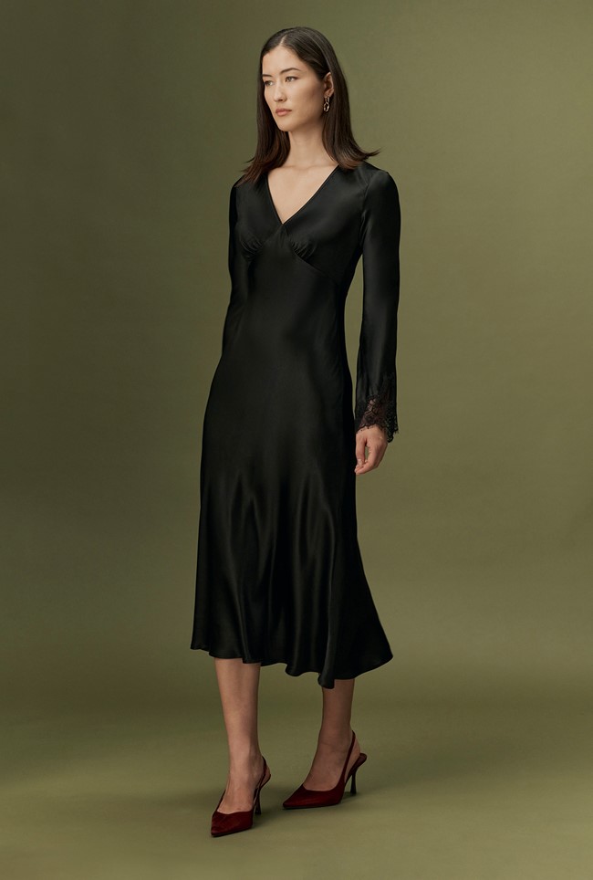 Flori V-Neck Lace Trim Satin Midi Dress