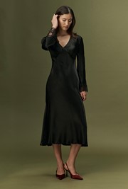 Flori V-Neck Lace Trim Satin Midi Dress