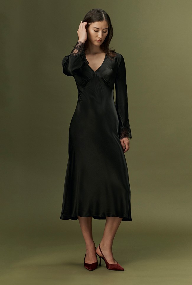 Flori V-Neck Lace Trim Satin Midi Dress