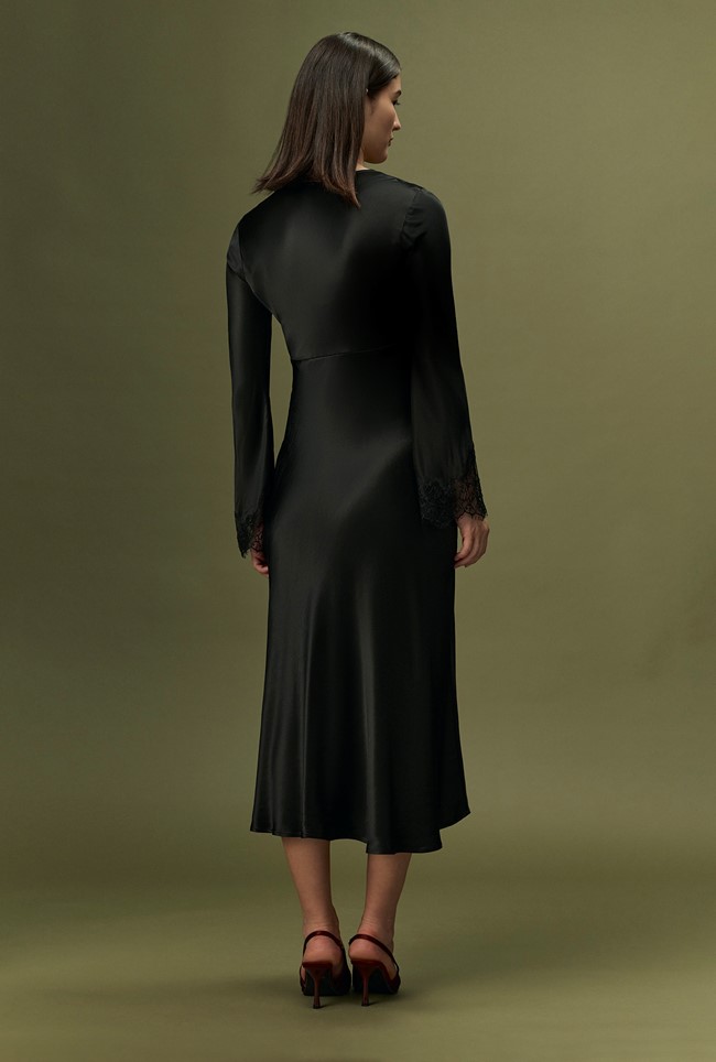 Flori V-Neck Lace Trim Satin Midi Dress