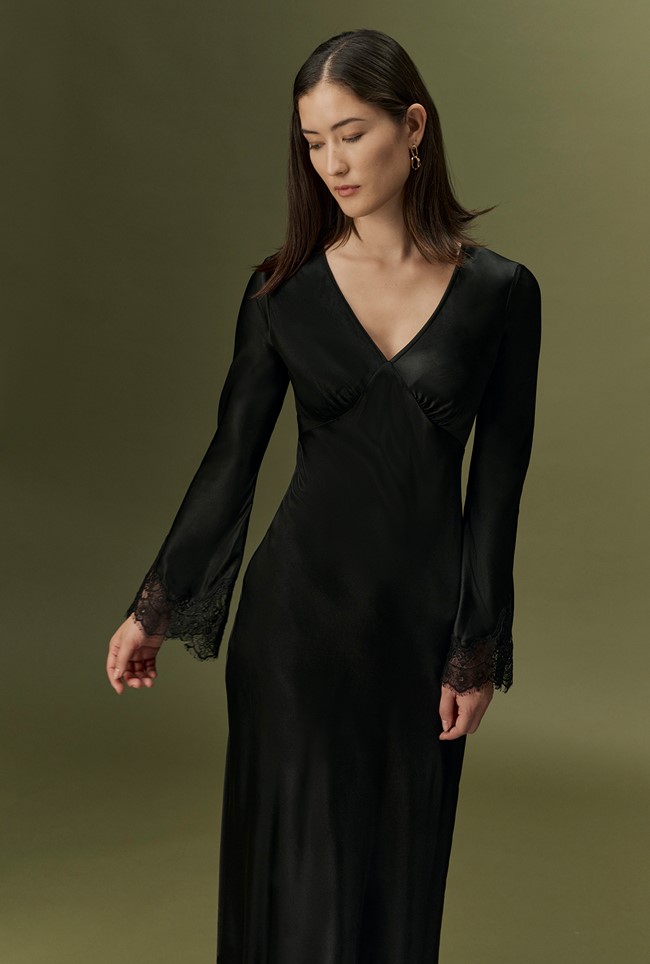 Flori V-Neck Lace Trim Satin Midi Dress