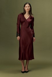 Flori V-Neck Lace Trim Satin Midi Dress