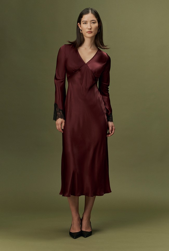 Flori V-Neck Lace Trim Satin Midi Dress