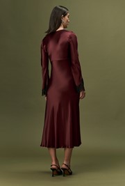 Flori V-Neck Lace Trim Satin Midi Dress
