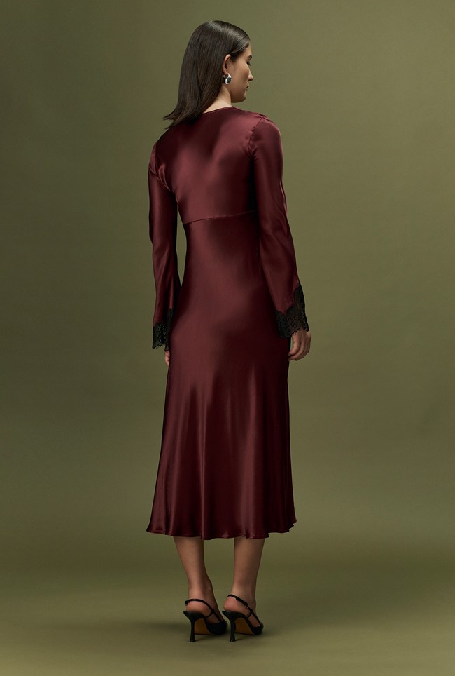 Flori V-Neck Lace Trim Satin Midi Dress