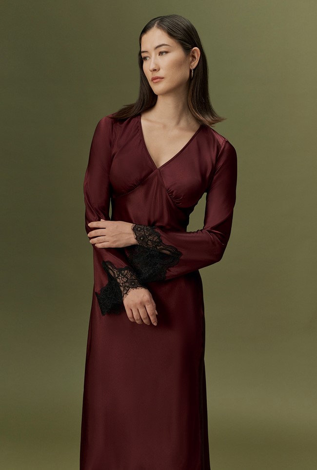 Flori V-Neck Lace Trim Satin Midi Dress